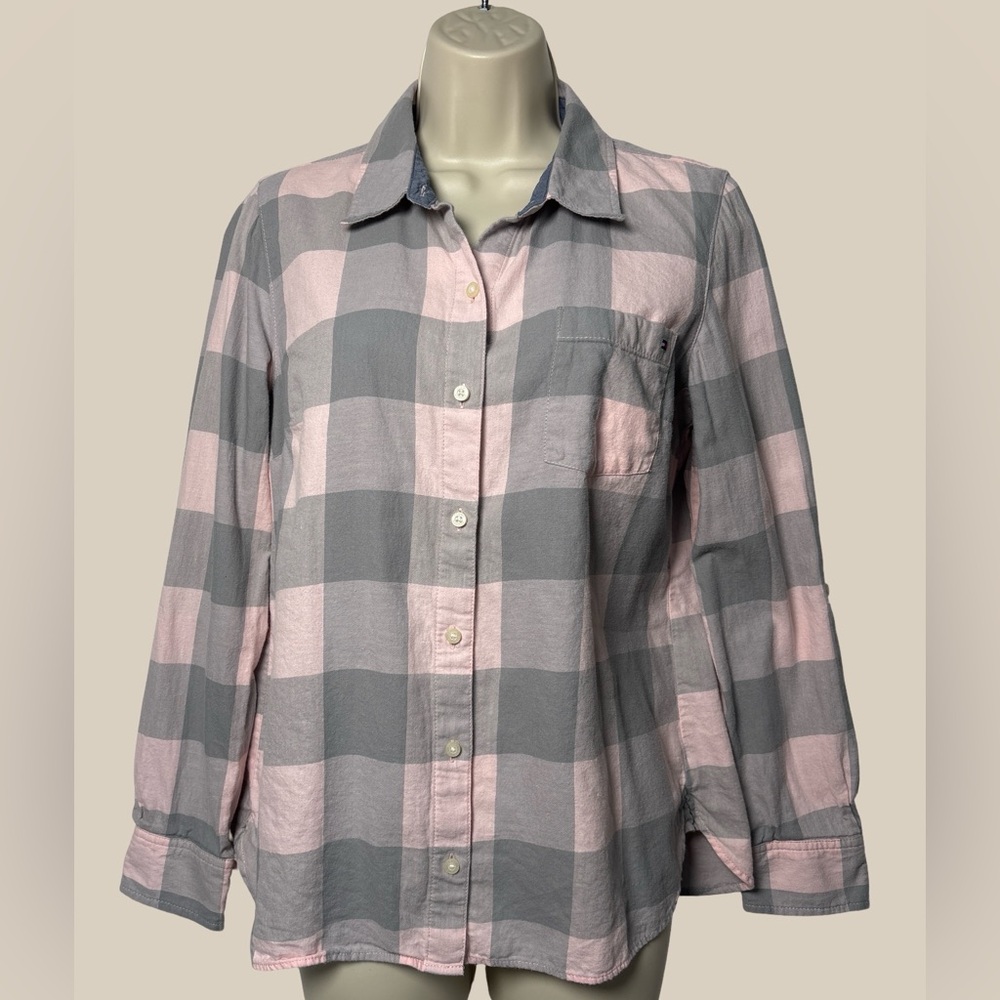 Tommy Hilfiger Women’s Pink Gray Plaid Checkered Button Down 100% Cotton SZ M